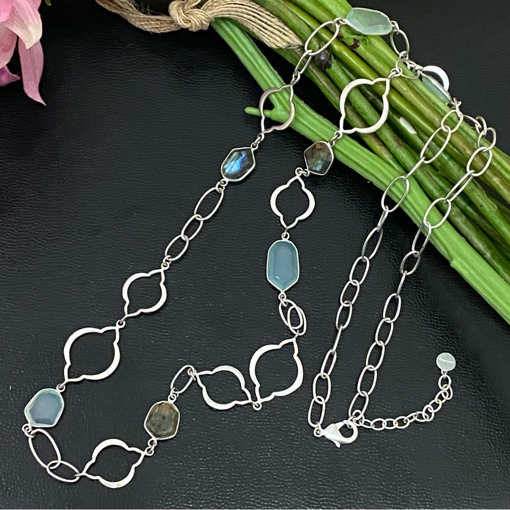 STELLA & DOT Silver-tone Labradorite Gemstones Long Chain Necklace 24.8g